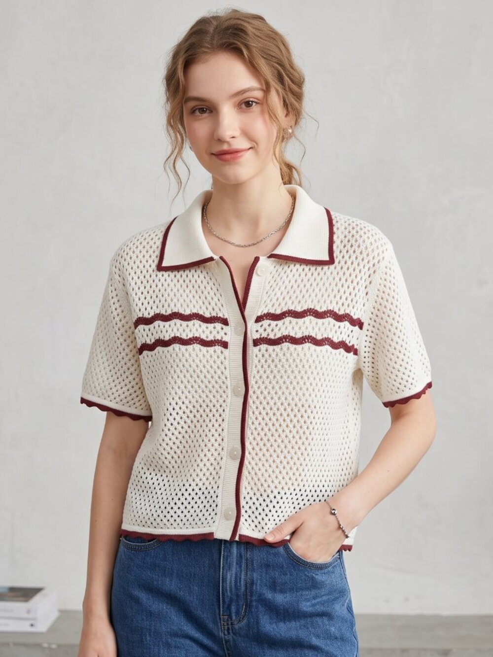 New Women’s Striped Hollow Knit Cardigan – Size Medium, Lightweight Layer
